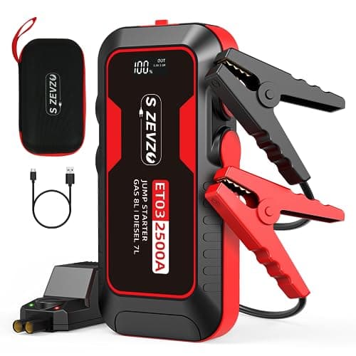 S ZEVZO ET03 Car Jump Starter 2500A Jump Starter Battery Pack for Up to 8.0L Gas and 7.0L Diesel Engines, 74Wh Portable 12V Jump Box with USB Ports, LCD Display, Storage Case, and LED Light image