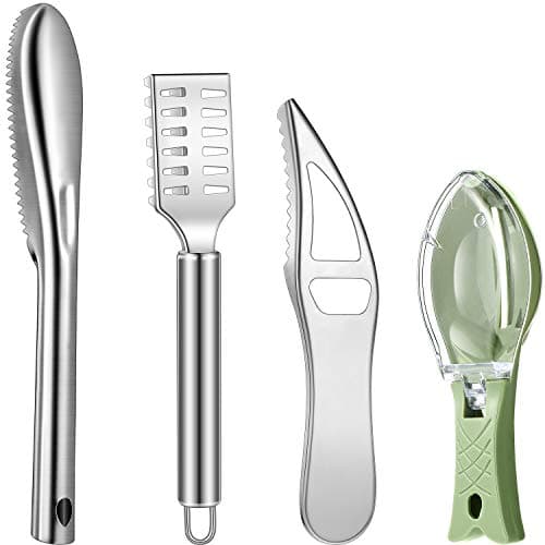 Honoson 4 Pieces Stainless Steel Fish Scale Remover Cleaner Kitchen Scaler Fish Skin Graters Cleaning Peeler Scaler Scraper with Bottle Opener for Kitchen Cleaning Tools image
