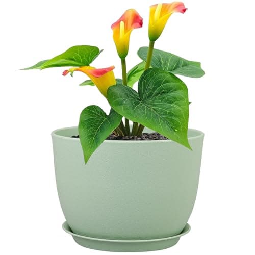 Meowell 12 inch Big Plant Pots, Plastic Planters with Drainage Holes and Trays, Flower Pots for Indoor Outdoor Plants, Modern Decorative Pots for Garden House Plants, Green image
