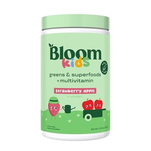 Bloom Nutrition Superfood Greens Powder for Kids, Digestive Enzymes, Probiotics, Prebiotics, Gut Health, Chlorella, Green Juice Mix w/Beet Root Powder (25 Servings (Pack of 1), Strawberry Apple) image