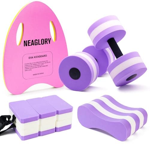 NEAGLORY 5 Pieces Water Aerobics Set Aquatic Exercise Set Pool Fitness Equipment Foam Water Dumbbell, Swim Kickboard, Pull Buoy, Aquatic Swim Belt for Water Exercise, Purple image