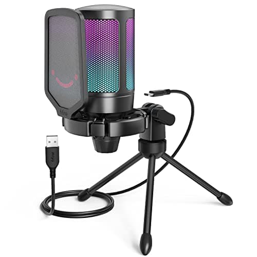 FIFINE Gaming USB Microphone for PC PS5, Condenser Mic with Quick Mute, RGB Indicator, Tripod Stand, Pop Filter, Shock Mount, Gain Control for Streaming Discord Twitch Podcasts Videos- AmpliGame image