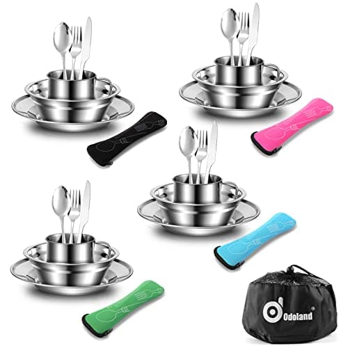 Odoland 29pcs Stainless Steel Utensils Camping Tableware Kit with Bowls Plates Cups Forks Spoons and Knives for 4 image