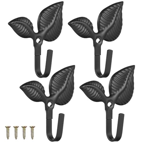4pcs Iron Leaf Single Wall Hooks Rustic Wall Hooks Vintage Coat Hooks for Scarf Bag Key Cap Clothes Kitchen Black image