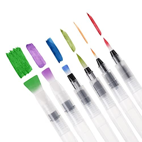 Mr. Pen Watercolor Brush Pens, 6 pcs, Pointed & Flat Tips, Nylon Bristles, White, Refillable, Portable Ink/Water Brush image