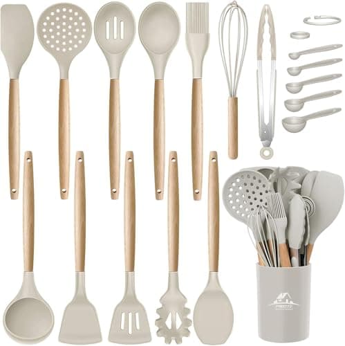 MIBOTE Silicone Cooking Kitchen Utensils Set with Holder, Wooden Handles BPA Free Non Toxic Silicone Turner Tongs Spatula Spoon Kitchen Gadgets Utensil Set for Nonstick Cookware (Khaki) image