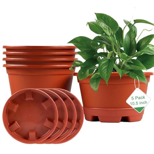 KPUVX 5 Pack 10.5 inch Plant Pots,Planter-Pots-for-Plants-Indoor-Outdoor，Plastic Flower Pot for Indoor Outdoor Plants with Drainage Holes & Trays, Decorative Garden Containers Sets for Houseplants. image