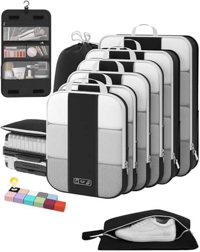 10 Set Compression Packing Cubes for Travel Essentials, Compressible Expandable Packing Cubes for Suitcase, OlarHike Luggage Organizer Bags for Travel, Handy Helper for Organizing Clothes(Black) image