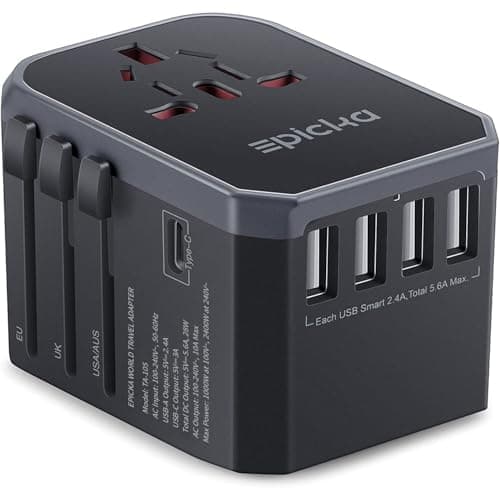 EPICKA Universal Travel Adapter, European Travel Plug Adapter - International Power Adapter Worldwide Charger with USB-C & 4 USB Ports, Travel Essentials for Italy, Japan, Europe, UK (TA-105, Grey) image
