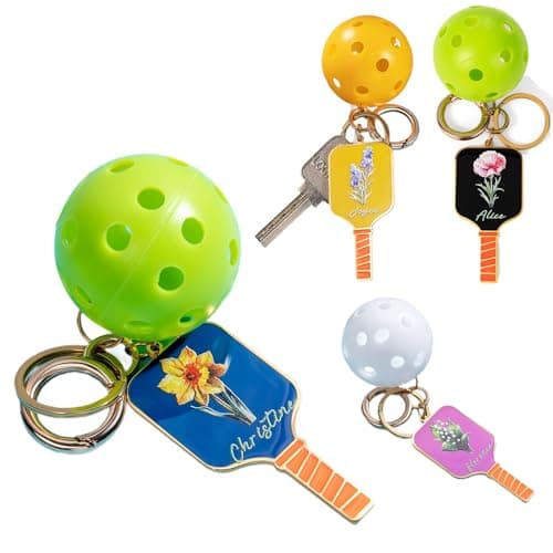 Custom Pickleball Keychain with Name Birth Flower Enamel Pickleball Keychains image