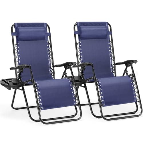 Sweetcrispy Zero Gravity Chairs, Set of 2 Portable Recliner Beach Camping Patio Outdoor Folding Lounge Chair with Cup Holder Trays and Adjustable Pillow for Poolside, Garden, Backyard, Lawn (Blue) image
