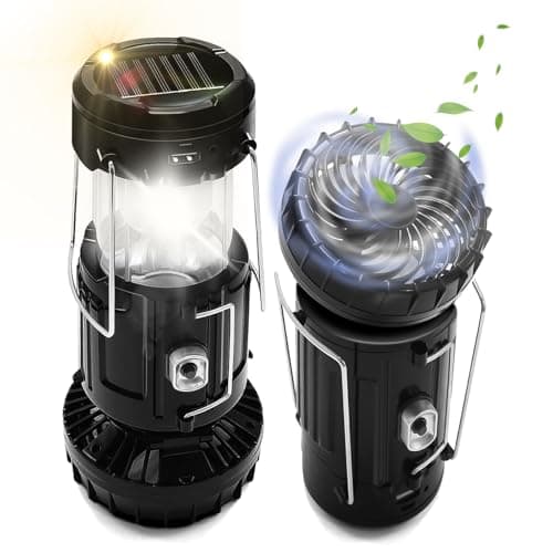 2-Pack Solar Camping Fan w/ Lantern, DIBMS Collapsible Solar Powered USB Rechargeable & Battery Powered Emergency Hanging Lights for Camping Tent Hurricanes Power Outages Storm Indoor Outdoor image
