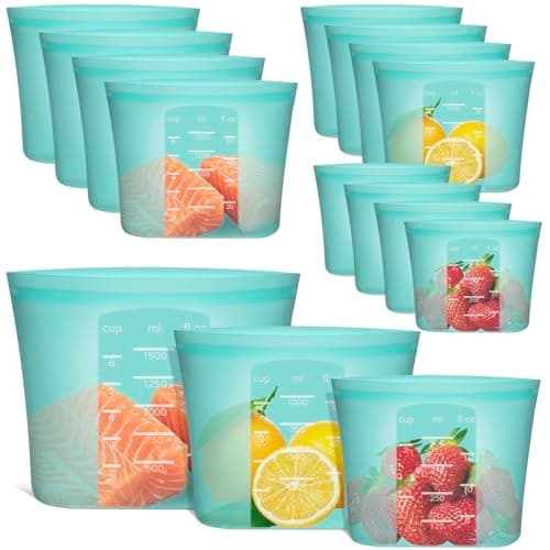 Reusable Food Bags, 12 Pack 100% Silicone Food Storage Bags Stand Up Zip Lock Container, Freezer Microwave Oven Dishwasher Safe, 4 Large 4 Medium 4 Small, Aqua image