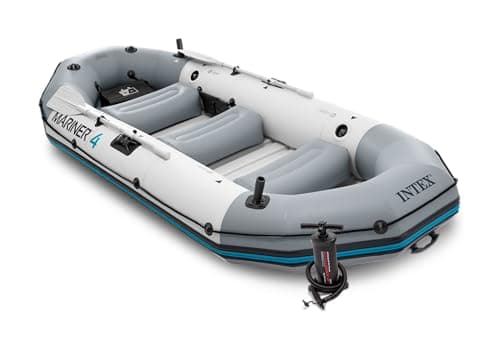 INTEX 68376EP Mariner 4 Inflatable Boat Set: Includes Deluxe 54in Boat Oars and High-Output Pump – Wear-Resistant Keel – Removable Fishing Rod Holders – 4-Person – 1100lb Weight Capacity image