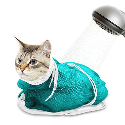 Catcan Cat Bathing Bag, Breathable Mesh Cat Shower Bag Anti Scratch Adjustable Cat Grooming Bag for Nail Trimming, Bathing Polyester Soft Cat Washing Bag (White-Green) image