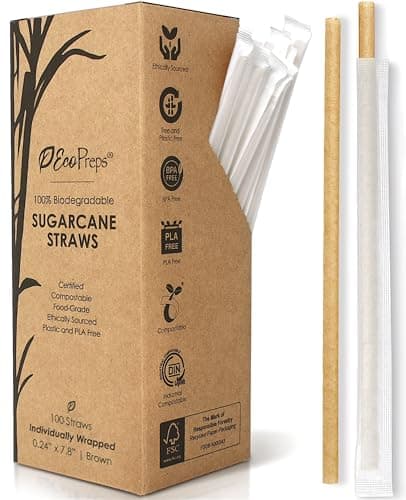 EcoPreps Biodegradable Sugarcane Straws, Compostable Individually Wrapped Straws | 100 Count, 100% Plastic-Free, Eco-Friendly Drinking Straw | 7.8” Sugar Fiber Disposable Straw, Packed in Paper Wrap image