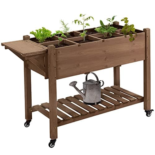 Outsunny Raised Garden Bed with 8 Grow Grids, Wooden Outdoor Plant Box Stand with Folding Side Table and Wheels, 49" x 21" x 34", for Vegetables, Flowers, Herbs, Brown image