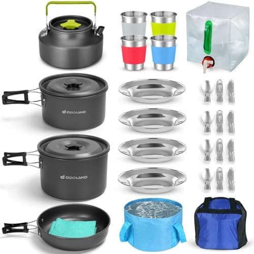 Odoland 29pcs Camping Cookware Mess Kit, Non-Stick Lightweight Pots Pan Kettle, Collapsible Water Container and Bucket, Stainless Steel Cups Plates Forks Knives Spoons for Outdoor Backpacking Picnic image
