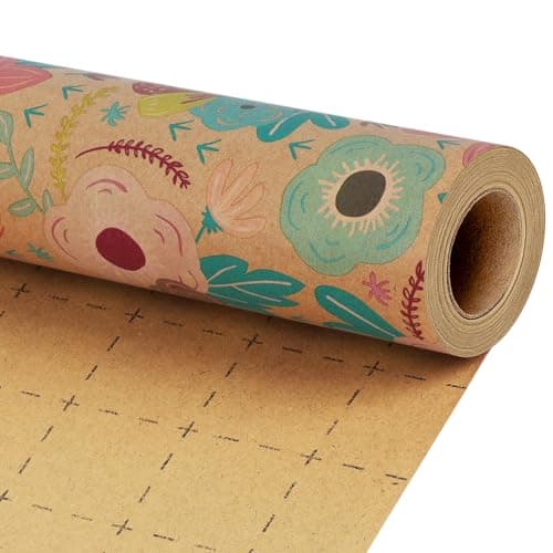 BIOBROWN Kraft Floral Wrapping Paper Roll - 17 Inches X 33 Feet (47 sq. ft. ttl.) Wildflowers Design Flower Gift Wrap for Mother's Day, Wedding, Bridal Shower, Birthday image