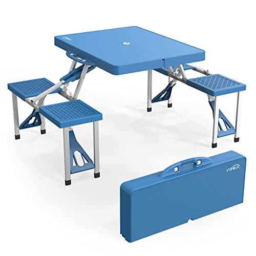 VINGLI 4 Ft Camping Picnic Table Set with 4 Seats with Umbrella Hole Folding Lightweight Suitcase Card Table-220 Lbs Support Aluminum Frame, Plastic RV Tabletop for Barbecue,Travel,Outing,Gathering image