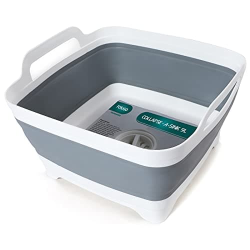 FOSJGO 2.4 Gal(9L) Collapsible Dish Basin with Drain Plug,Space Saving Multiuse Foldable Sink Tub,Dishpan,Kitchen Sink for Camping,Plastic Tub,Vegetable Washing,Beverage Tubs image