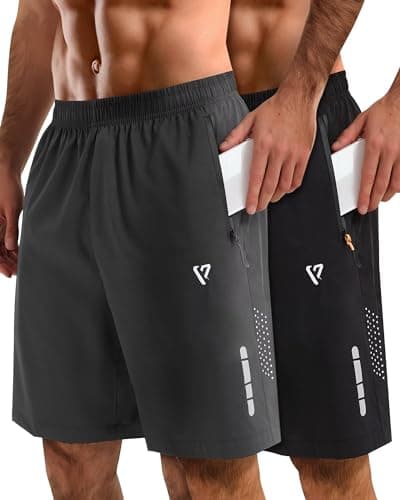 FIONECA 2 Pack Mens Athletic Shorts Quick Dry 7 Inch Running Shorts Breathable Mesh Gym Workout Shorts with Zipper Pockets(Black&Dark Gray,L image