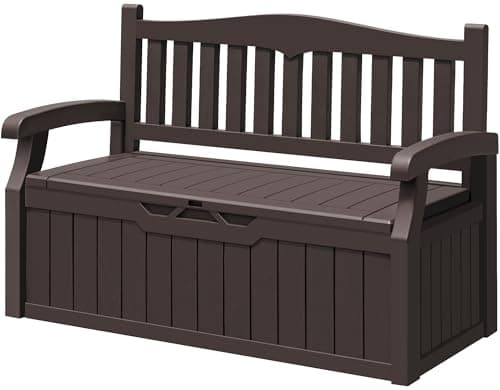 Greesum 80 Gallon Storage Bench Outdoor Deck Box with Armrest, Patio Furniture,Lockable, Waterproof and UV Resistant, Suitable for Garden, Pool, Brown image