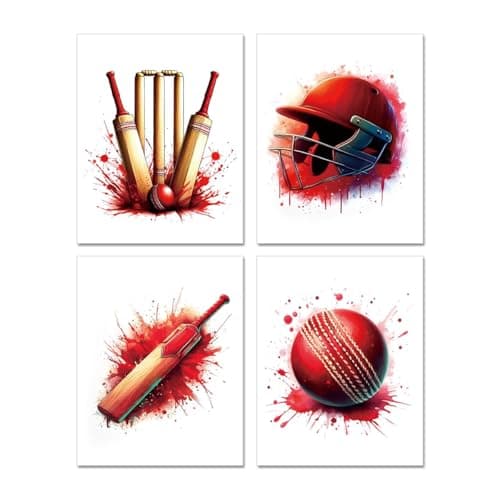 Cricket Wall Art Canvas Prints for Boys Room Watercolour Wall Decor, Watercolour Sports Art Posters Gift for Cricket Fans Set of 4 (8"x10", Unframed) image