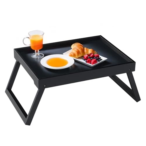 Bamboo Bed Tray Table with Folding Leg, Breakfast in Bed Tray for Eating, Kitchen Serving, Food, Sofa, Snacking or Working, Laptop Desk Dinner(1, Black) image