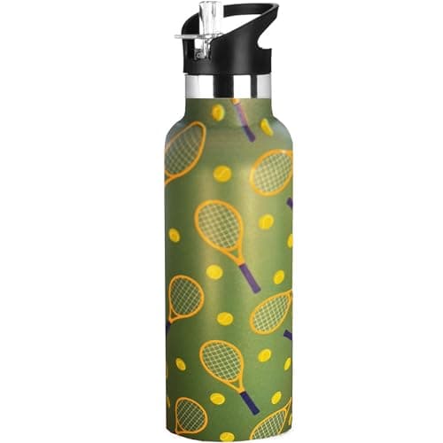 Hazlget Tennis Gifts,Tennis Water Bottle with Straw Lid Insulated Stainless Steel Travel Mugs for Sport Gym Outdoor 20oz image