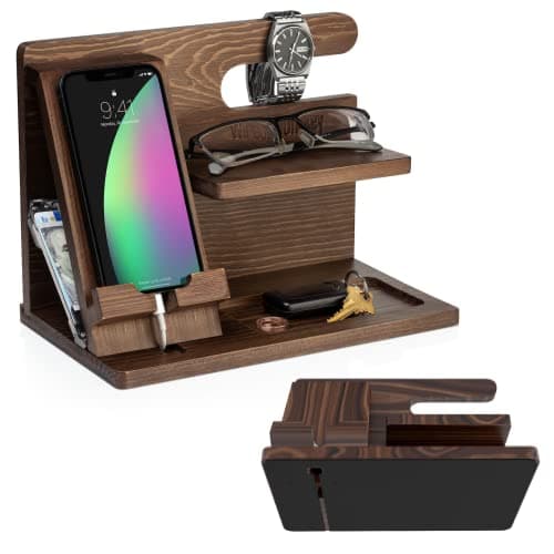 Premium Walnut Wood Phone Docking Station – Universal Organizer for Smartphones, Watches, and Accessories – Non-Slip Base to Prevent Scratches – Elegant Desk or Nightstand Solution for Men & Women image