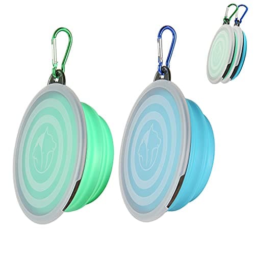 SLSON Collapsible Bowl with Cover Lids, 2 Pack Dog Travel Bowls Portable Foldable Cat Water Dish Bowl for Pets Walking Parking Camping (Light Blue and Green, Small) image