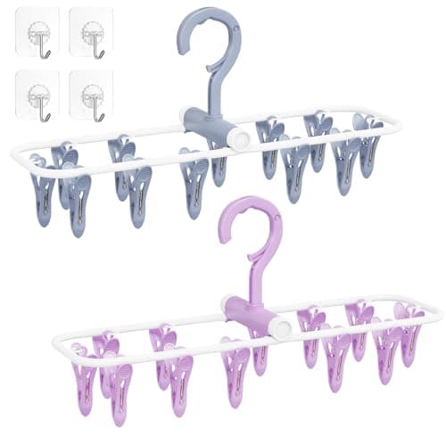 Clothes Drying Hanger with 12 Clips, 2 Pack Folding Portable Hanging Drying Rack, Drip Foldable Hanging Rack, 360° Rotatable Hook for Drying Towels Bras Baby Clothes Gloves Plastic(Blue&Purple) image