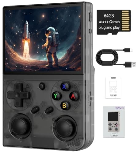 G350 Retro Handheld Game Console , 3.5 Inch IPS Screen Linux System Built-in 64G TF Card 4371 Games Preloaded Game Console 3200mAh Battery(Transparent Black) image