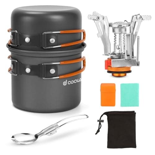 Odoland 6pcs Camping Cookware Mess Kit with Lightweight Pot, Stove, Spork and Carry Mesh Bag image