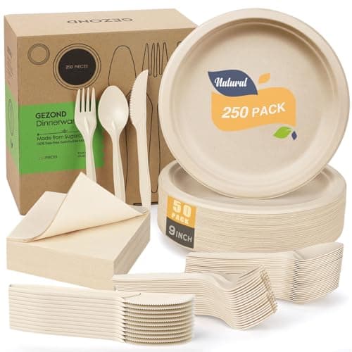 Gezond 250pcs Disposable Paper Plates Set, Compostable Party Supplies, Biodegradable Dinnerware Include Paper Plates, Cocktail Napkins, Utensils for Party, Picnic, 50 Each image