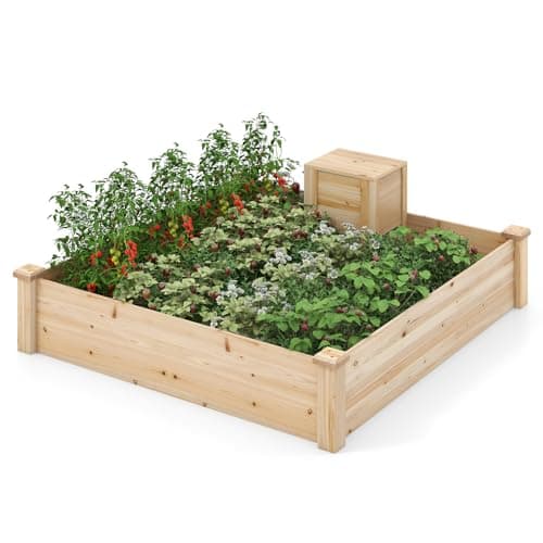 Giantex Raised Garden Bed, 49"x49"x10" Wood Planter Box Kit w/Compost Bin & Open-Ended Bottom for Vegetables, Flowers, Herbs, Fruits, Elevated Square Planting Bed for Patio, Backyard, Garden image