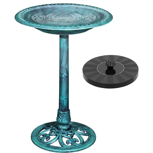VECELO 28" Pedestal Outdoor Bird Bath with Solar Powered Fountain for Outside, Vintage Bronze Polyresin Lightweight Antique, Yard/Garden Decoration, Green image