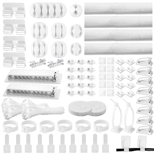 [313Pcs] Cable Management Kit, 67 Adhesive Cable Clips, Topavatop Desk Cord Organizer, 22 Reusable Cable Strap, 4 Cable Sleeve Split, 200 Nylon Cable Zip Ties with 20 Mounts for TV Office Home, White image