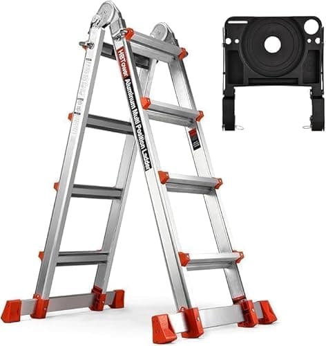 HBTower A Frame 4 Step Extension Ladder, 14 Ft Multi Position Ladder with Removable Tool Tray and Stabilizer Bar, 330 lbs Capacity Telescoping Ladder for Household and Outdoor Work image