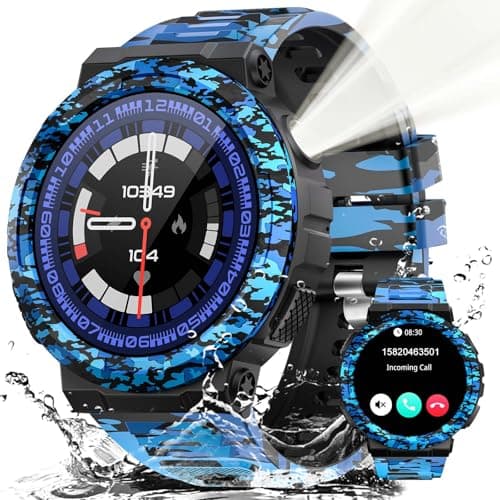 Military Smart Watches for Men (Answer/Make Calls), 1.53" HD Waterproof Smartwatch with Flashlight, Outdoor Sports Fitness Tracker with 100+ Sports Modes, Heart Rate, Sleep Monitor for iPhone Android image
