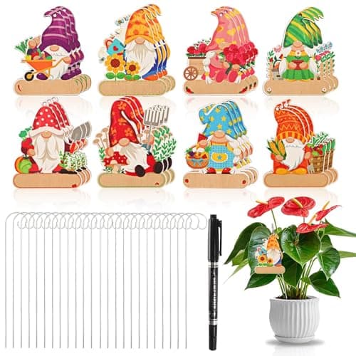 UPINS Plant Labels, 24 Pack Gnome Plant Markers for Outdoor Garden Waterproof Wooden Plant Label Stakes Tags Garden Tags Herb Name Tags with A Marker Garden Supplies for Gardening Gifts image