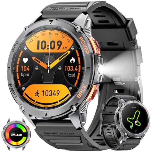 Military Smart Watch for Men with GPS, 1.43" AMOLED Bluetooth Call Smartwatch with LED Flashlight, Rugged Smart Watches for Android iOS, IP68 Waterproof Fitness Tracker with Heart Rate (Black) image
