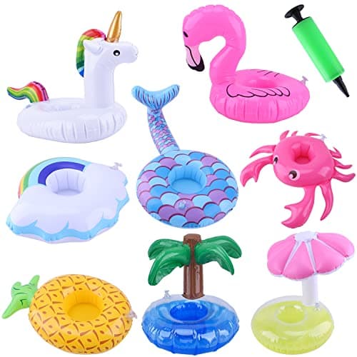 Inflatable Drink Floats, Blovec 8 Pack Inflatable Drink Holders Cup Coasters Swimming Drink Holder with Air Pump for Summer Pool Party image