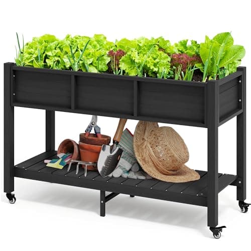 DWVO 47x18x31in Raised Garden Bed, Double Tier Planters with Wheels, Mobile Garden Planter Box for Outdoor/Indoor, Heavy Duty Casters with Brakes, HIPS Poly Wood, Black image