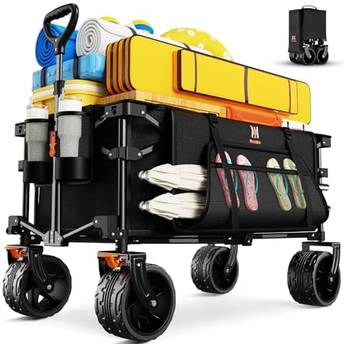 Navatiee Big Wheels Collapsible Wagon Cart Foldable, Heavy Duty Beach Wagon with Silent All-Terrain Wheels, Folding Utility Grocery Cart with Side Pocket and Brakes for Camping Garden Sports, Black image