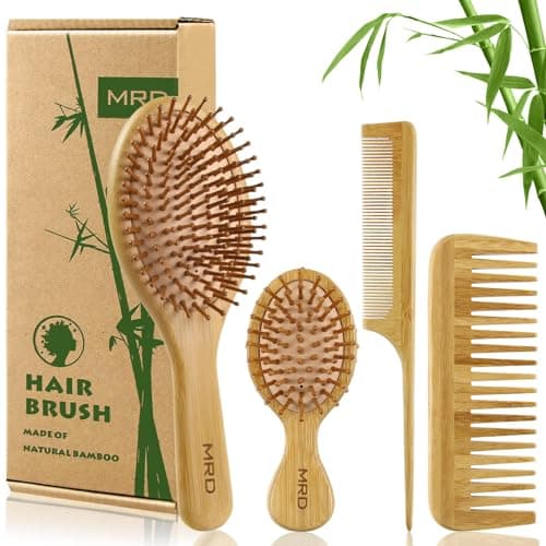 MRD Hair Brush Set, Natural Bamboo Comb Paddle Detangling Hairbrush, Wide-tooth and tail comb No Bristle, suit for Women Men and Kids Thick/Thin/Curly/Dry Hair Gift kit image
