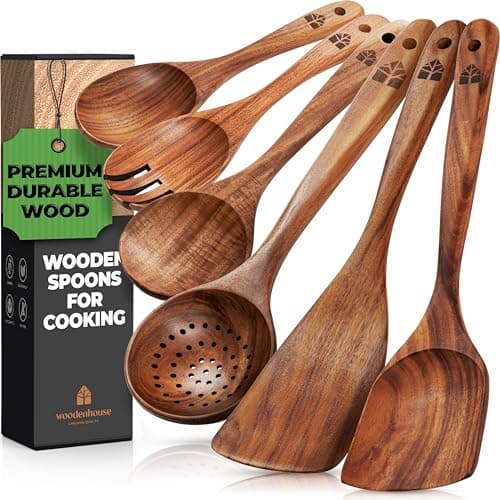 Wooden Spoons for Cooking – Wooden Kitchen Utensils Set, 6 Pcs Teak Wood Utensil Set – Comfortable Grip Non–Stick Wooden Cooking Utensils – Nonstick Natural and Healthy Kitchen Cookware image