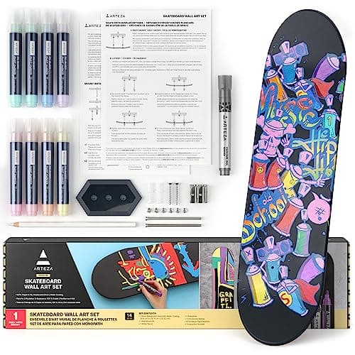 ARTEZA Customizable Skateboard Deck Art Kit – 31"x8" Matte Coated Maple Deck with Display Mount, Chrome Marker, White Pencil, Oil-Based Paint Markers & More image