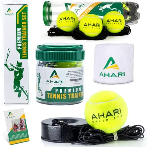 Ahari Unlimited Premium Tennis Trainer Set, Pro Tennis Rebounder with Metal Base in a Carrying Cylinder, 3 Replacement Rebound Balls, & Wristband, Portable Tennis Practice Equipment for Solo Training. image